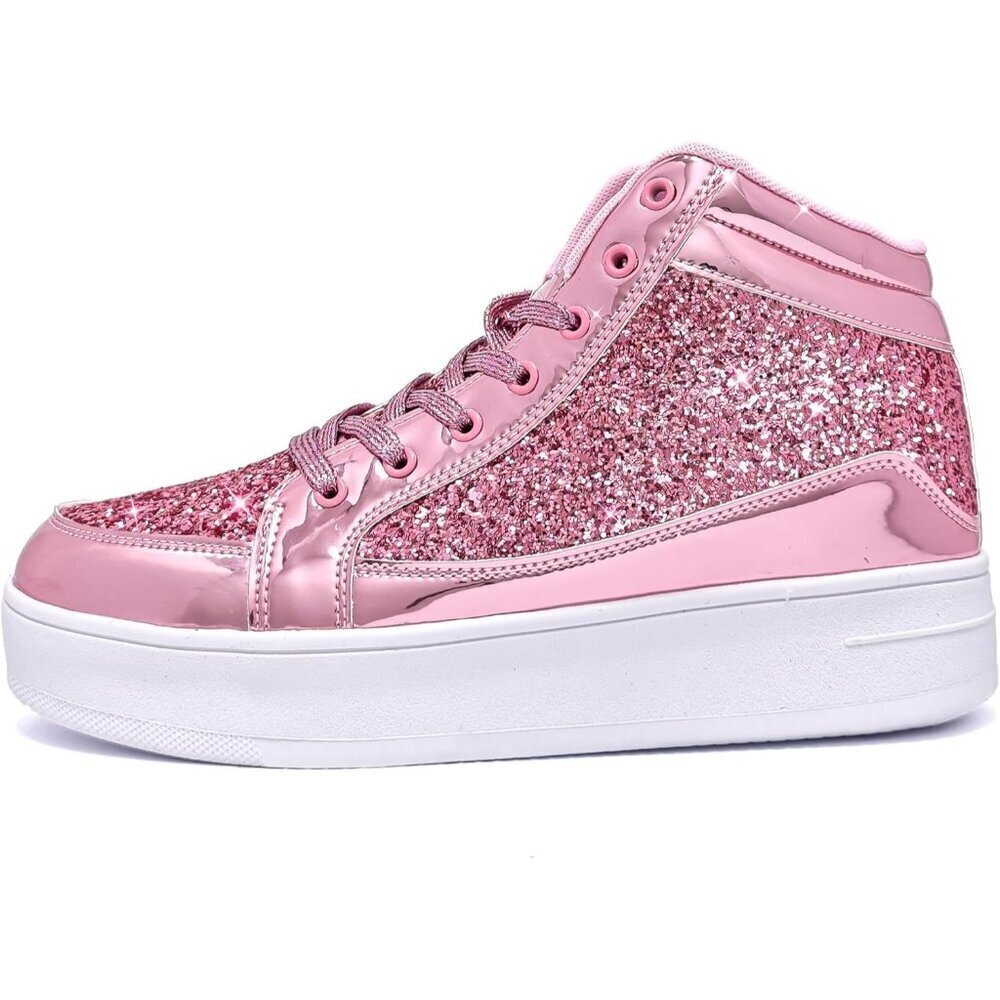 Women's Pink Shiny Glitter Sequin Shoes High Top Sneakers Fashion Bling - Picture 6 of 6